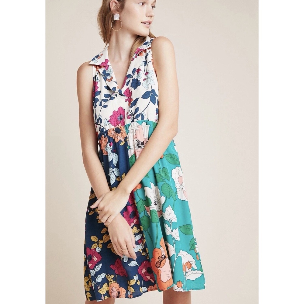 Anthropologie Dinah Sz 14 Collared Halter Tunic Dress Mixed Floral Prints